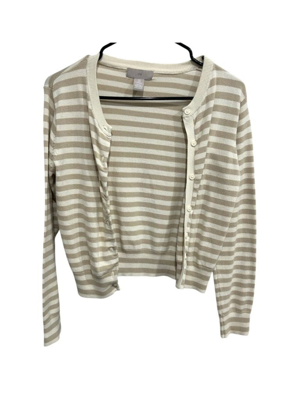 H&M Small Striped Beige White Button-Up Cardigan Sweater Knit Neutral Retro